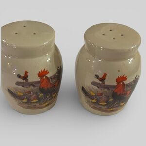 Vintage set of Farmhouse Stoneware Salt and Pepper shakers rooster 3 inch